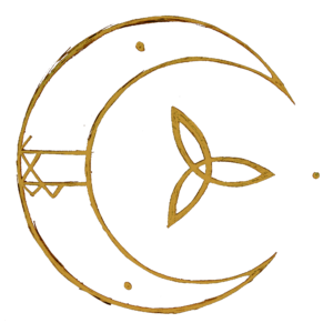 A sigil representing a crescent moon around a triquetra.